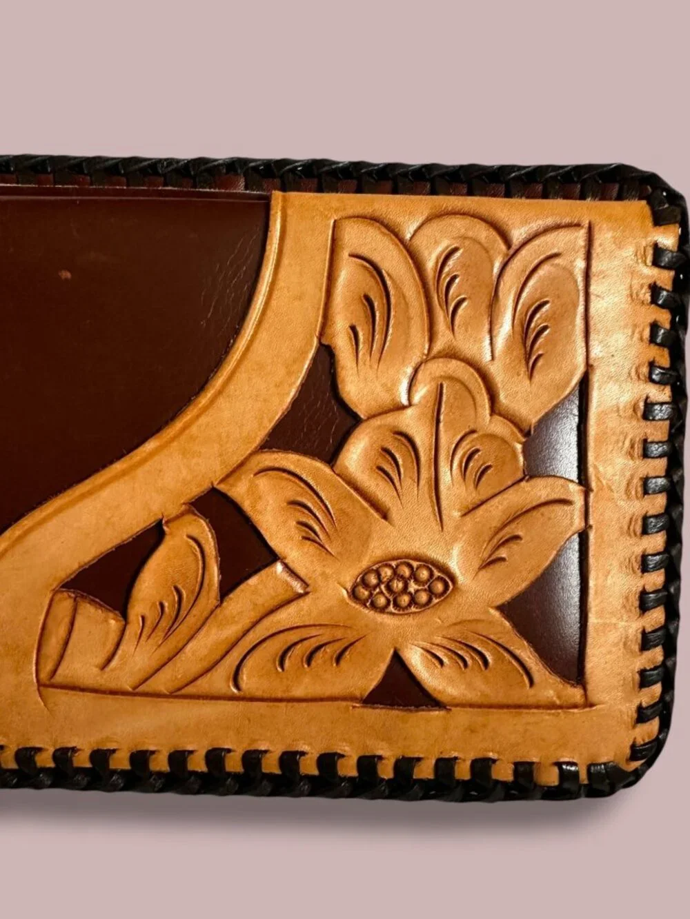 Vintage Hand-Tooled Leather BiFold Wallet With Floral & Scroll Design In NOS Ori